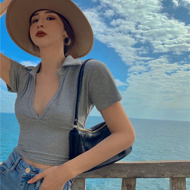 Áo thun dệt kim tay ngắn cổ chữ v dáng ôm màu trơn thời trang quyến rũ dành cho nữ