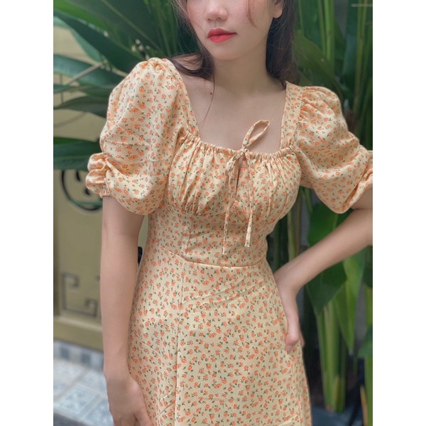 Váy hoa nhí tay phồng xẻ tà dáng dài phong cách Hàn Quốc size S M CHIEDESIGN