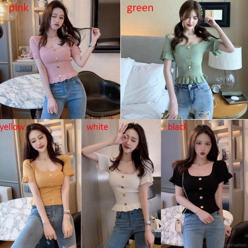 [Baywellfashion]Áo dệt kim phối nút thiết kế màu trơn thanh lịch