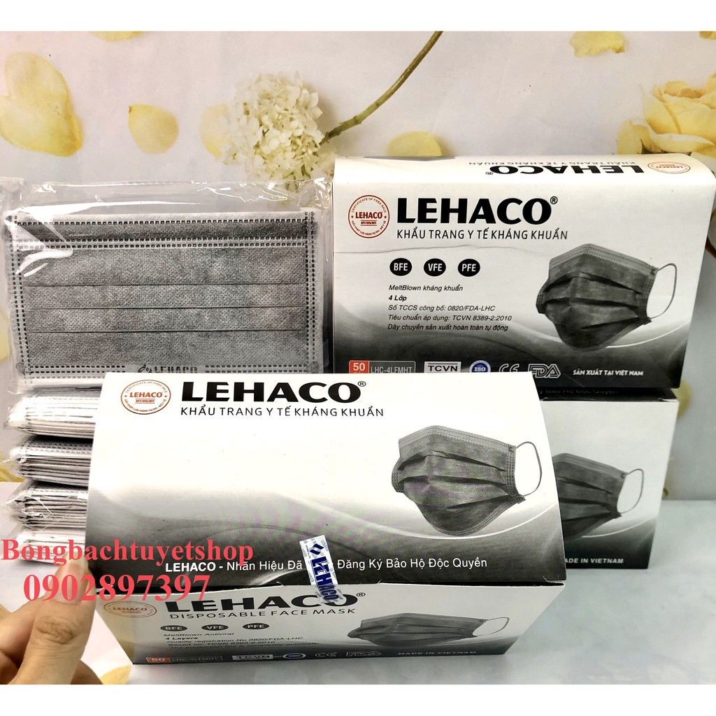 Khẩu trang Y tế Lehaco 4 lớp Màu Xám kháng khuẩn 50 cái/ hộp - Khẩu trang Lehaco kháng Khuẩn