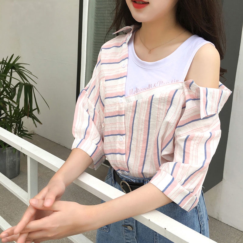 Áo Sơ Mi Tay Ngắn Giả Hai Lớp Họa Tiết Kẻ Sọc Dáng Rộng Phong Cách Hàn Quốc Thời Trang Mùa Hè 2022 Mới Dành Cho Học Sinh Tiểu Học