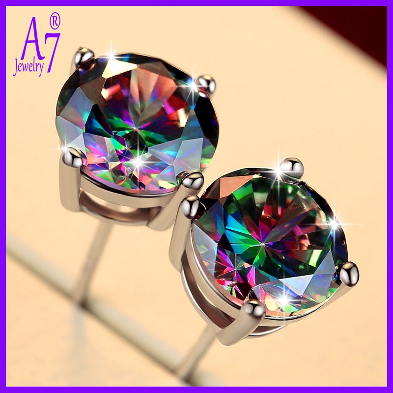 Bông tai tròn mạ bạc S925 màu sắc cầu vồng xinh xắn