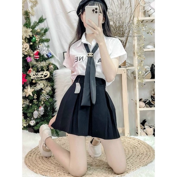 Áo sơ mi croptop CH-NEL (Tặng kèm cà vạt)  ALOHASHOP