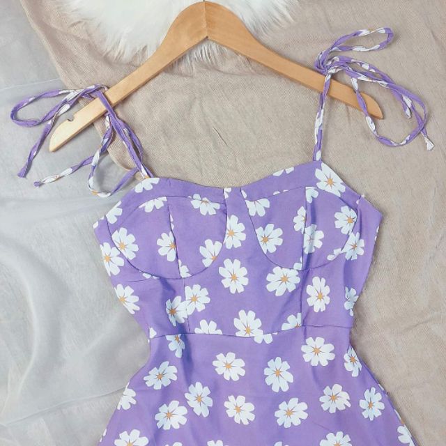 Đầm tím 2 dây hoa cúc rã ngực nhún thun