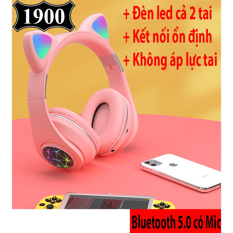 Tai nghe bluetooth tai mèo cao cấp, headphone tai mèo đáng yêu chống ồn âm thanh trầm ấm