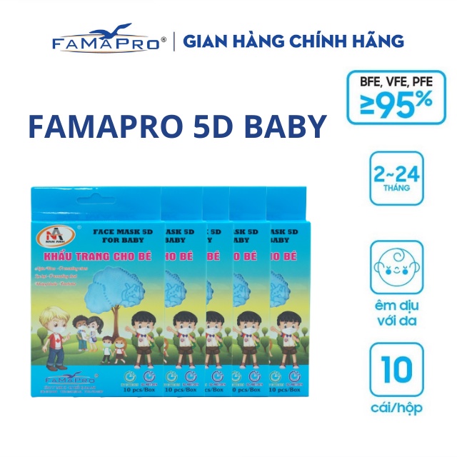 [ Cho bé từ 1-6 tuổi ] Combo 5 hộp Khẩu trang y tế 5D baby quai thun 3 lớp kháng khuẩn trẻ em Famapro ( 10 cái/hộp )