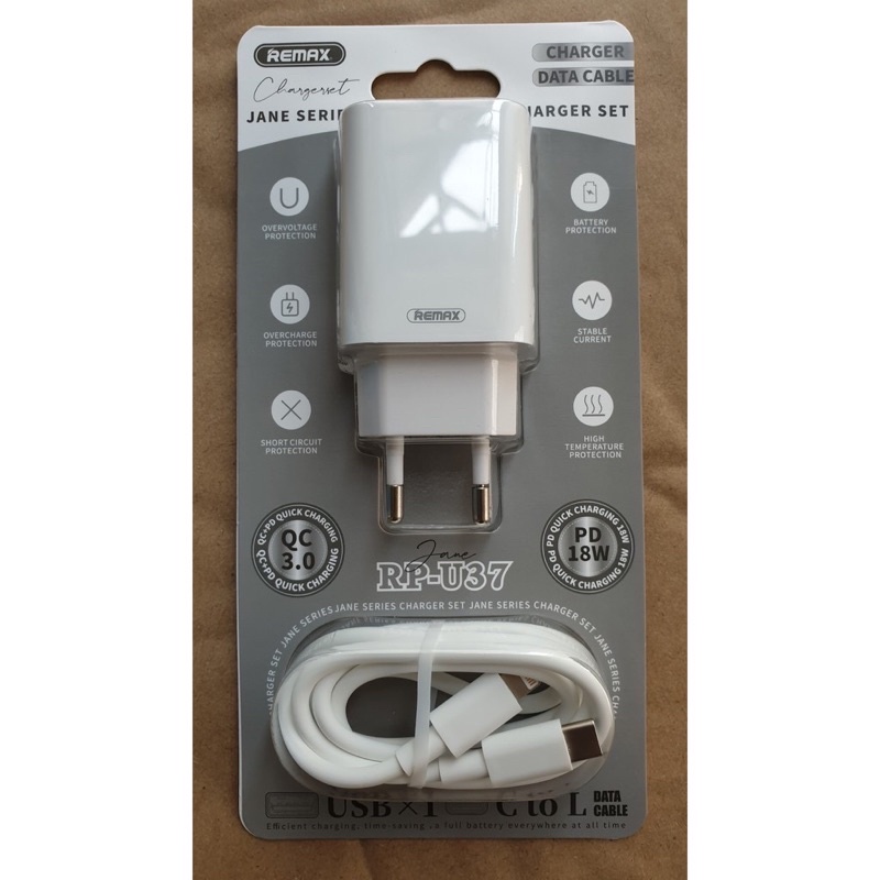 Củ + Cáp sạc nhanh Remax RP-U37 QC3.0+PD 2 cổng sạc: USB và Type C