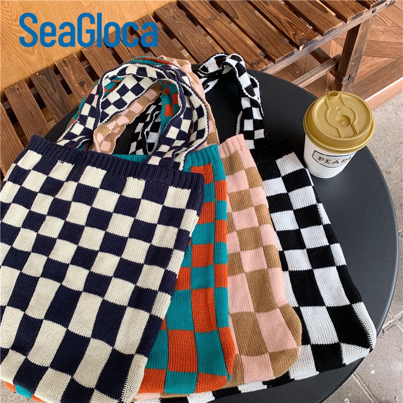 Túi tote Seagloca dệt kim kẻ caro sức chứa lớn cho nữ
