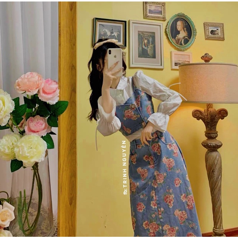 Vải bò hoa mềm co giãn lên váy, yếm, bộ