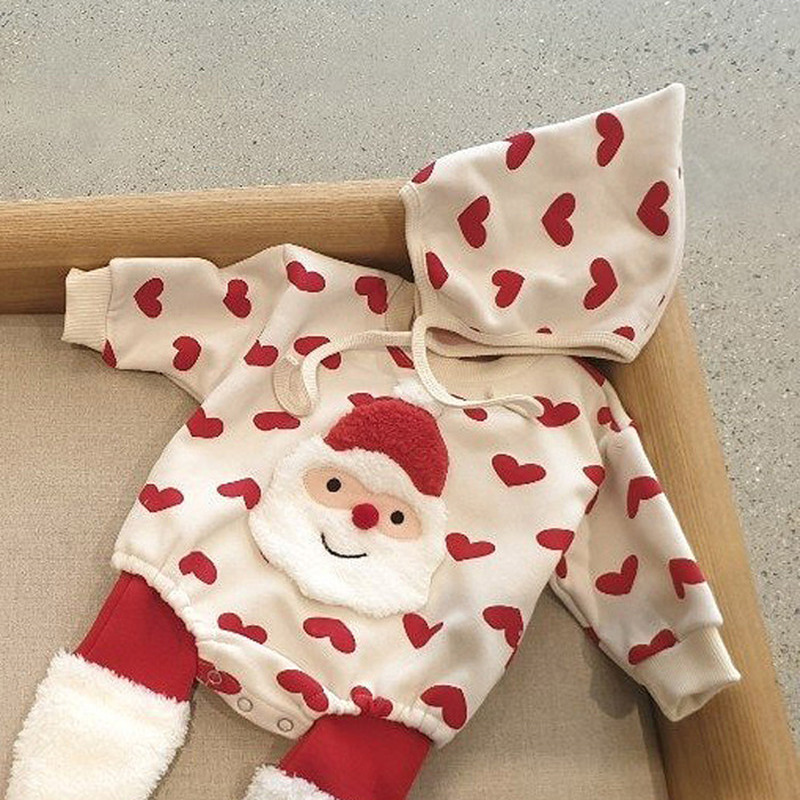 Bộ Áo Liền Quần + Nón Vải Dày Họa Tiết Giáng Sinh Dễ Thương Cho Bé Gái