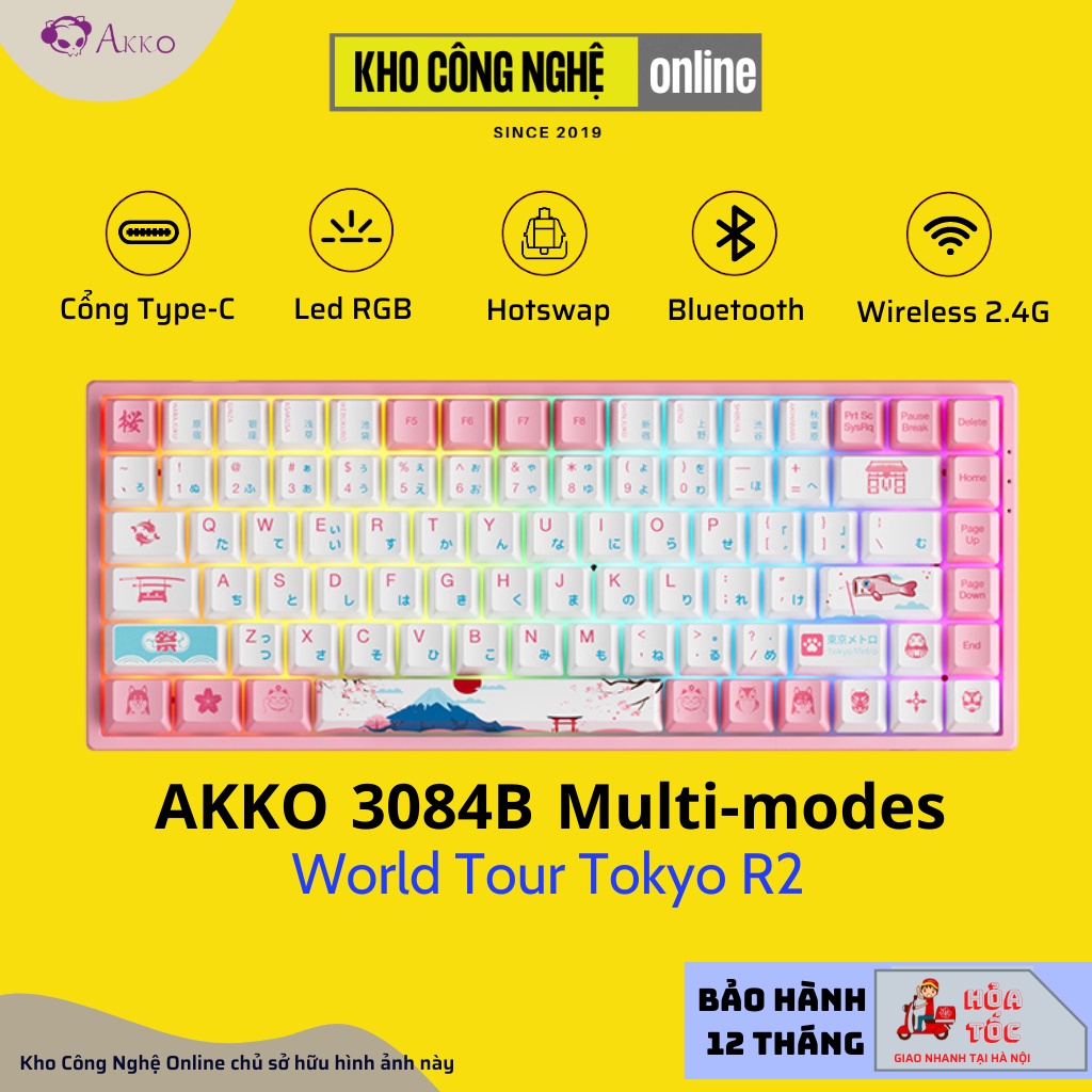 Bàn phím cơ AKKO 3084B Plus World Tour Tokyo R2(Bluetooth 5.0/ Wireless 2.4Ghz/ Hotswap/ Foam tiêu âm/ AKKO CS Jelly sw)
