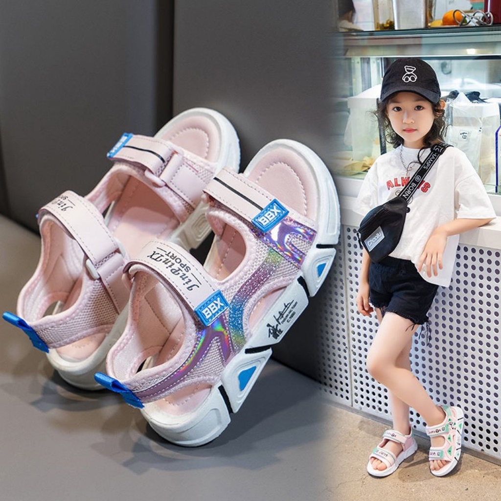 Giày quai dán chất dù chống nước cho bé trai bé gái hai màu tím trắng quai dán sọc bảy sắc cầu vòng siêu mềm