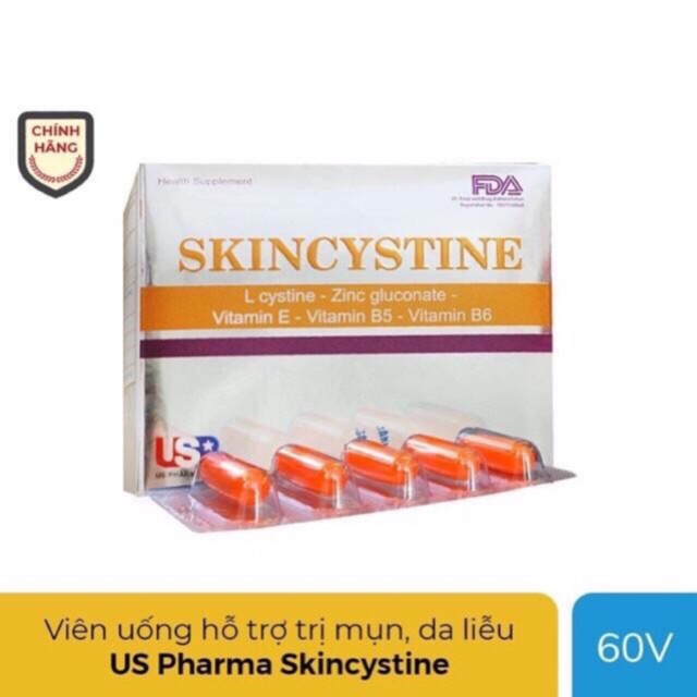 Skincystine US Pharma viên uống hỗ trợ trị mụn, bệnh da liễu, Hộp 60 viên