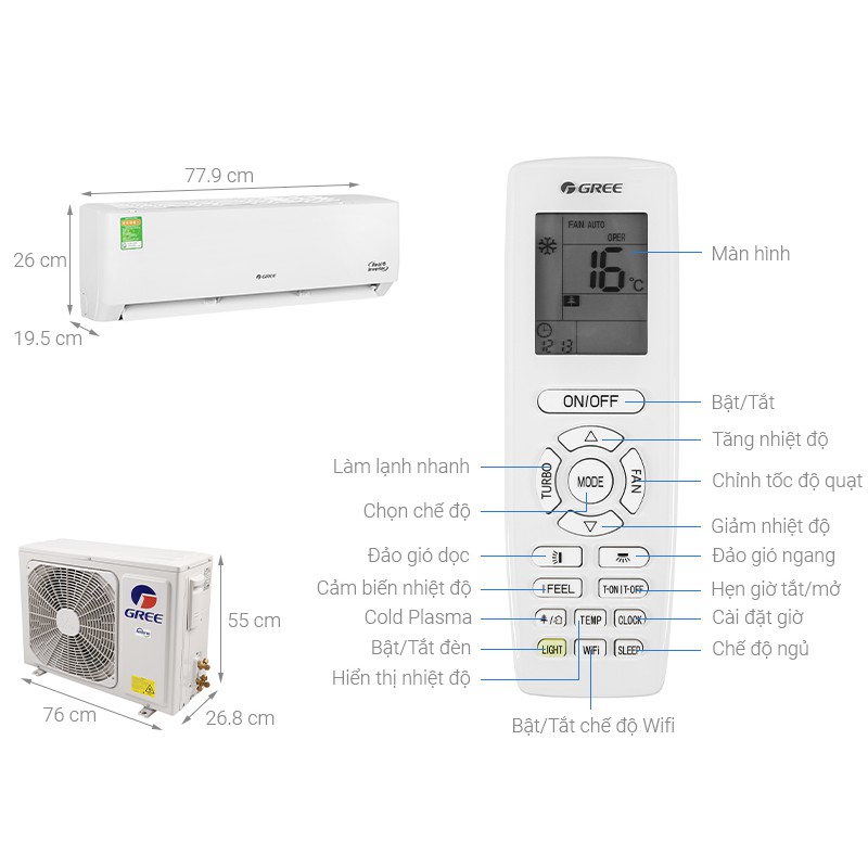 [Mã ELHA10 giảm 6% đơn 5TR] Điều hòa Gree 1 chiều inverter R32 9000BTU GWC09PB-K3D0P4(I/O)