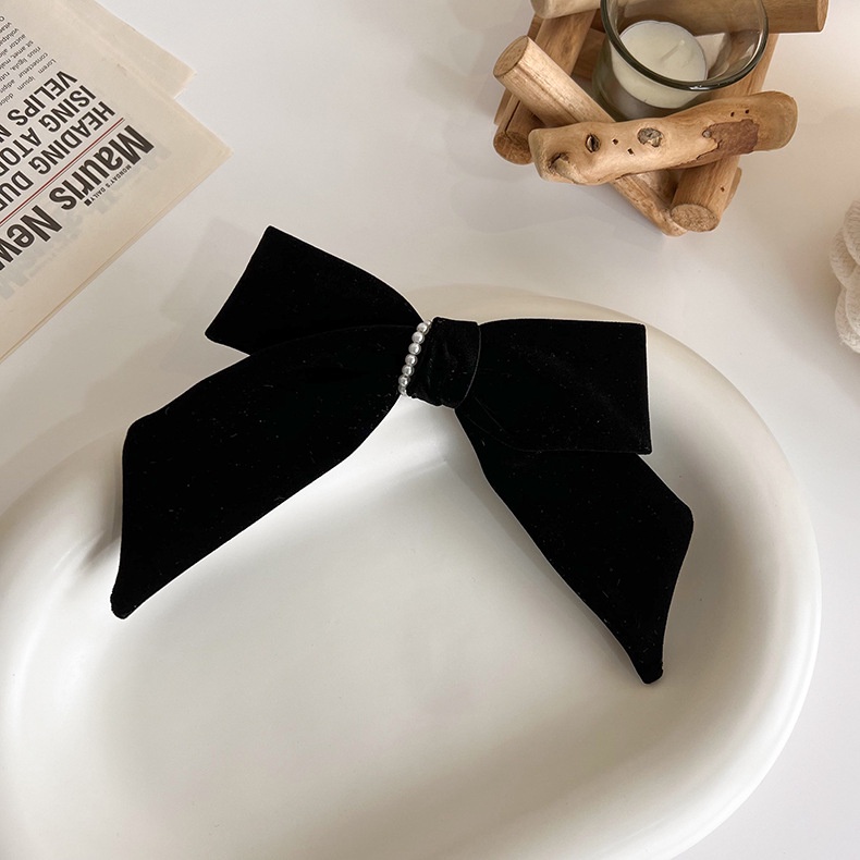Kẹp Tóc Nơ Nhung Đen Đính Ngọc Trai Thời Trang