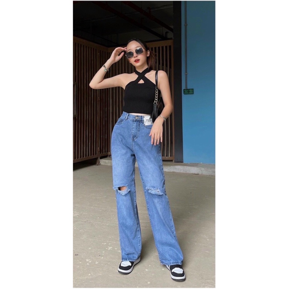 Quần jeans nữ, quần jeans nữ lưng cao ống rộng rách gối cao cấp size S M L SKUQ-22A