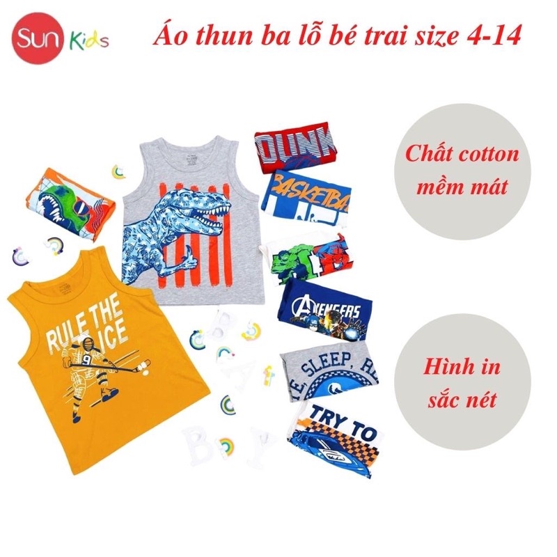 Áo thun bé trai, áo ba lỗ bé trai chất cotton, nhiều màu, Size 4 - 14 tuổi - SUNKIDS1