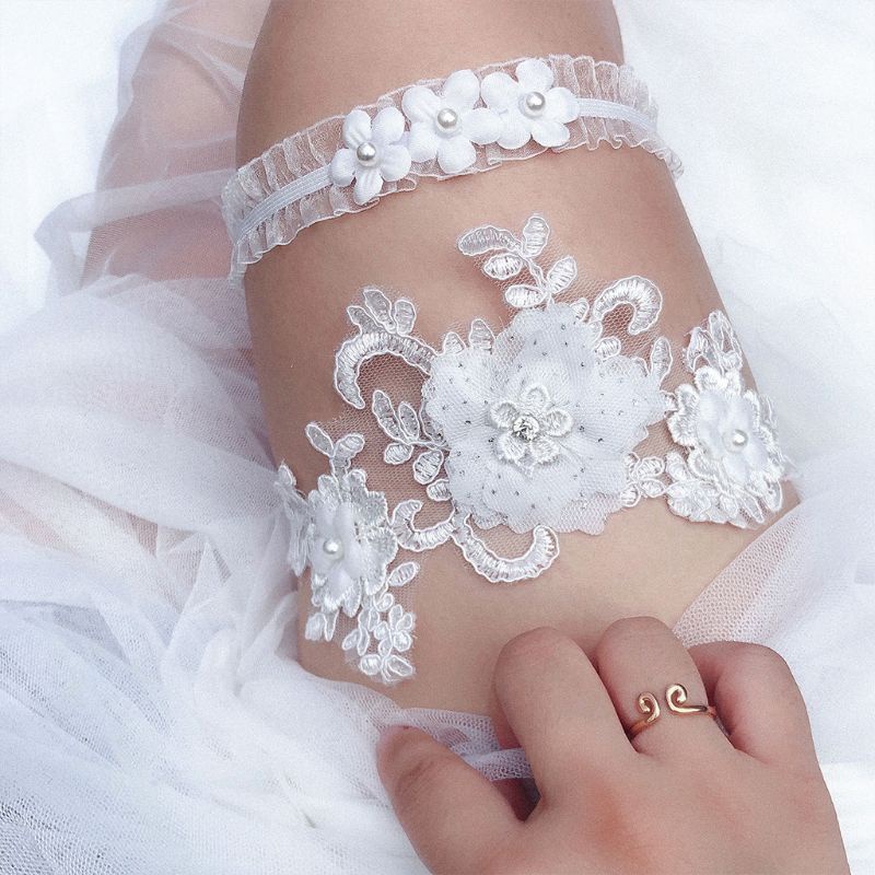 Set 2 Vòng Đeo Đùi Thêu Hoa Đính Ngọc Trai Nhân Tạo Cho Cô Dâu