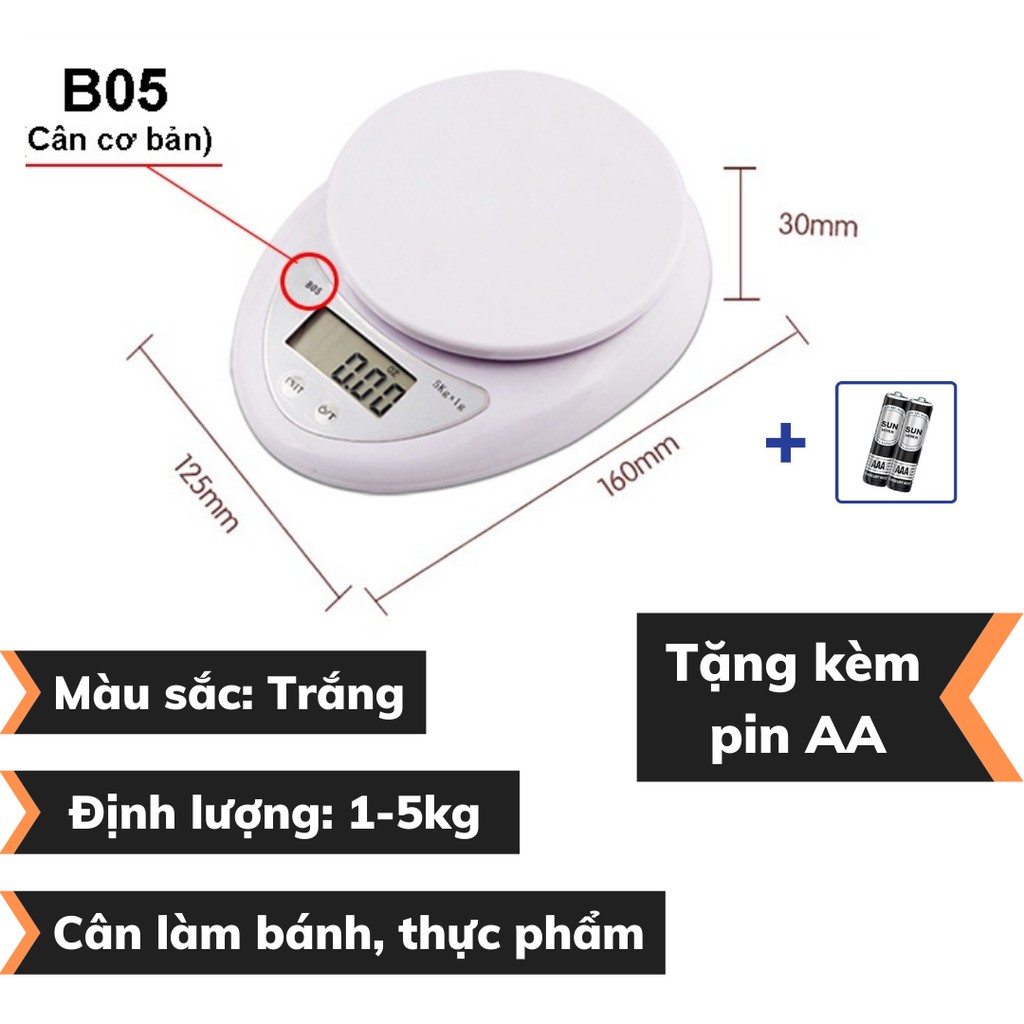 Cân Tiểu Ly Điện Tử Mini định lượng 1-5kg độ chính xác cao WH-B05 cao cấp 3kg làm bánh nhà bếp kèm 2 viên pin AA