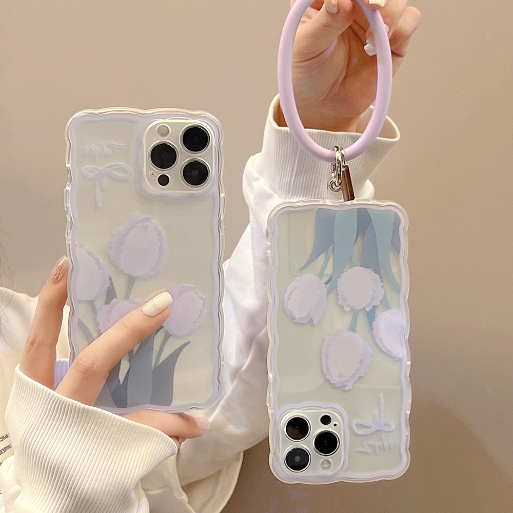 Ốp Điện Thoại Trong Suốt Họa Tiết Hoa Viền Gợn Sóng Kèm Giá Đỡ Nhẫn Cho Iphone 11 8 7 Plus SE2 XS XR 12 13 Mini PRO MAX