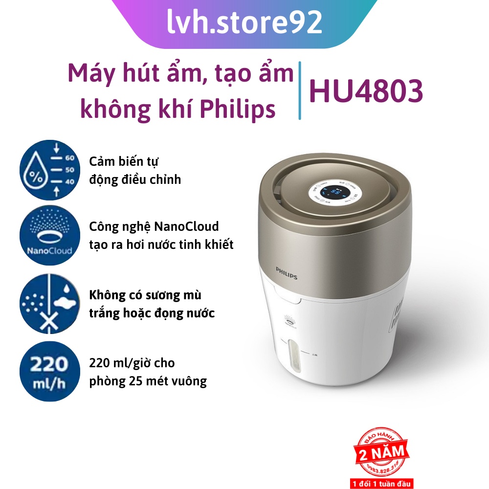 Máy hút ẩm, tạo độ ẩm không khí Philips HU4803 /00 - Cảm biến tự động điều chỉnh để giữ độ ẩm ở mức bạn muốn – BH 2 năm