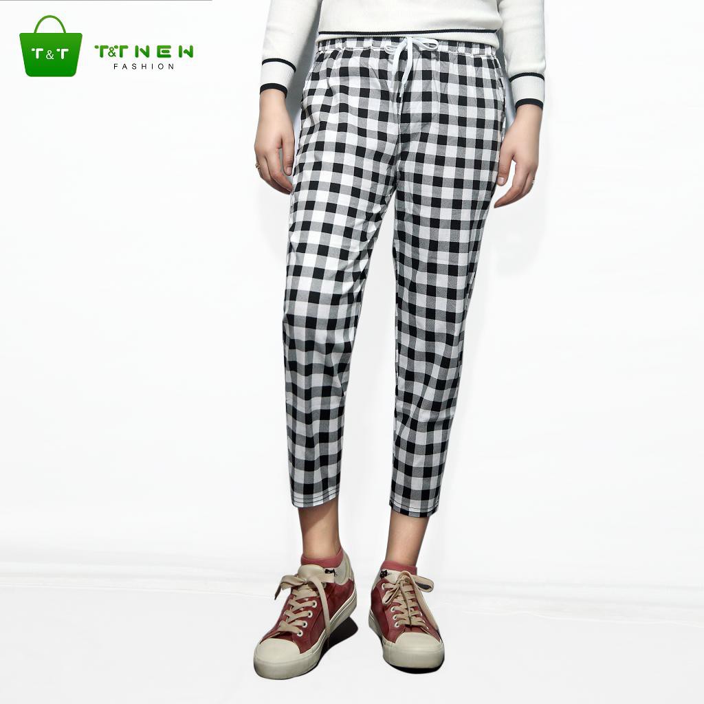 quần lửng baggy co giản caro đen