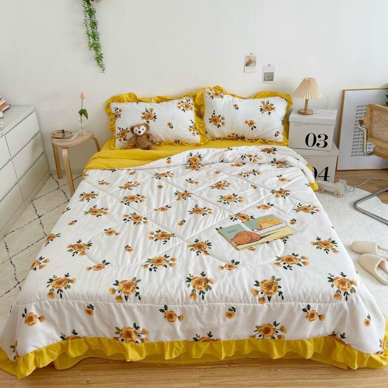 Bộ chăn ga gối đũi viền bèo xin xắn cao cấp siêu nhẹ, chất đũi mềm mịn thoáng mát hoa tiết hoa lá cực kỳ đẹp