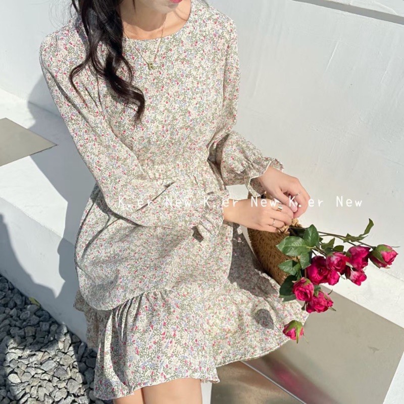 Váy hoa nhí dáng ngắn tông màu vintage cổ trụ bèo ngực VKE9297 Ulzzang style 🌸 Hàng Quảng Châu