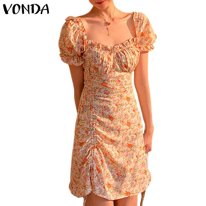 VONDA Đầm Tay Ngắn Cổ Vuông Hoạ Tiết Hoa Phong Cách Hàn Quốc