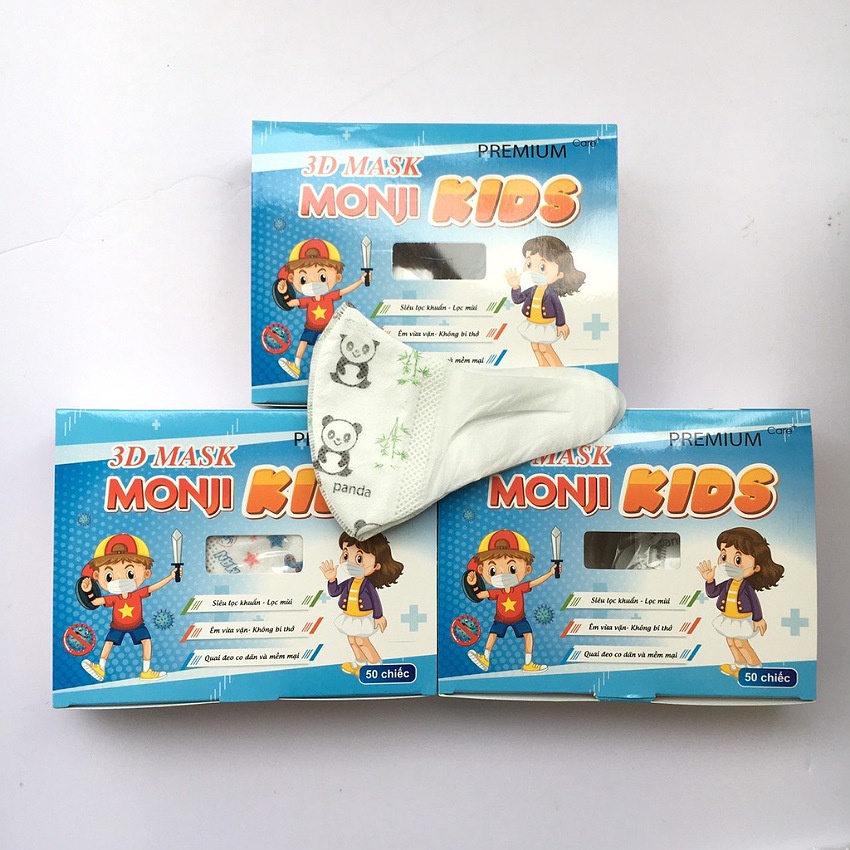 Khẩu trang 3D Mask Monji trẻ em, hộp 50 cái, khẩu trang 3D cho bé công nghệ Nhật Bản, 3 lớp kháng khuẩn, dây đeo co dãn
