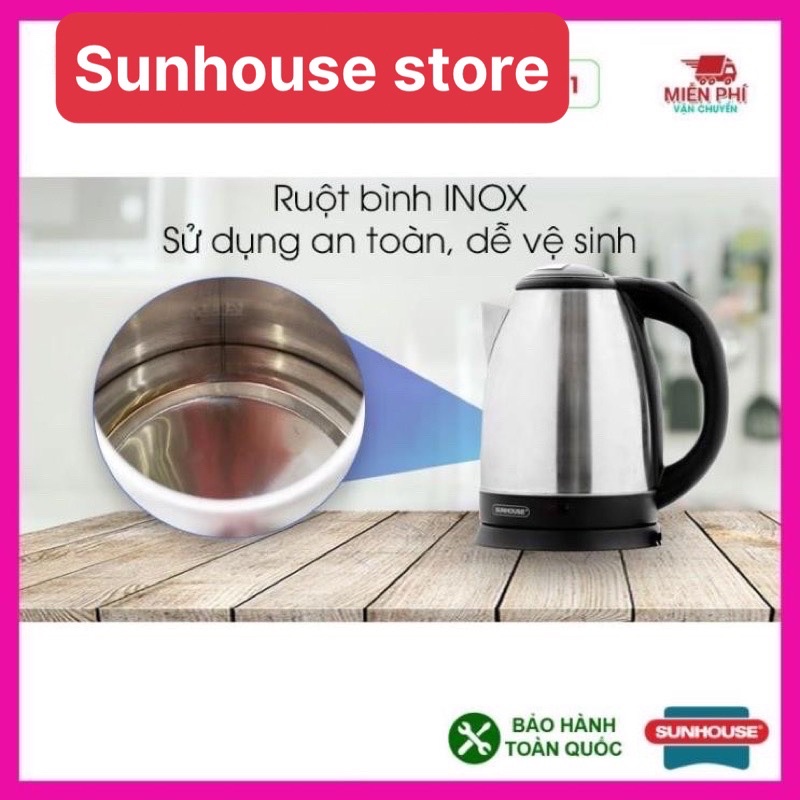 Ấm siêu tốc, Bình đun siêu tốc Sunhouse SHD1182, 1,8 LÍT, inox 2 lớp, đun sôi nhanh, tự động ngắt khi sôi.