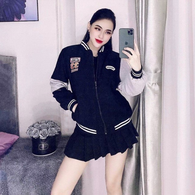 Áo khoác bomber nhung cadigan thể thao