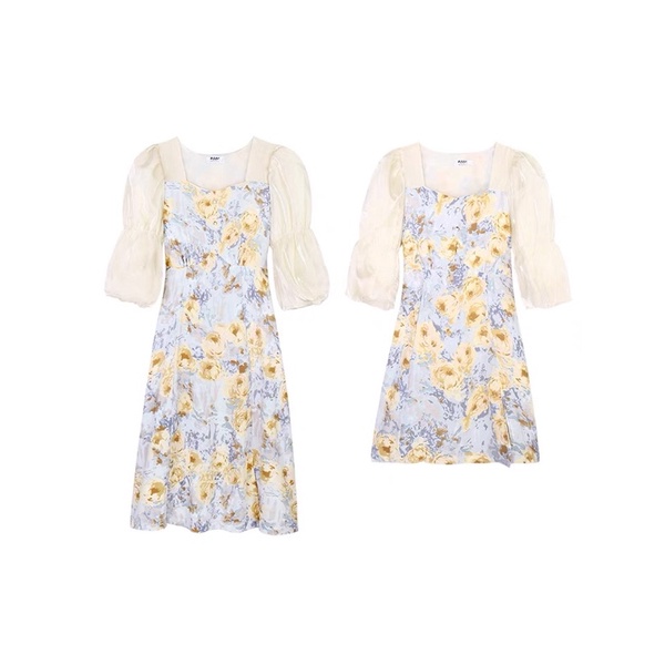 Đầm chiffon nữ in hoa tay bồng nhún nhẹ nhàng M50 | BigBuy360 - bigbuy360.vn