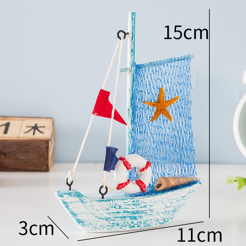 Set 4 mô hình thuyền buồm gỗ mini trang trí size 15cm - Decor đồ trang trí theo phong cách biển Địa Trung Hải