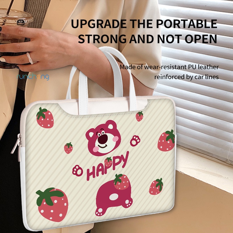 ☆Gói Điện Miễn Phí ☆Túi Đựng laptop Chất Liệu PU Chống Thấm Nước Họa Tiết Gấu Và Dâu Tây Kích Thước 12 13 14 15.6 17.3 inch