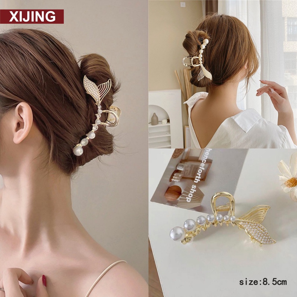 Kẹp tóc càng cua bằng hợp kim hình đuôi cá cỡ lớn đính ngọc trai xinh xắn