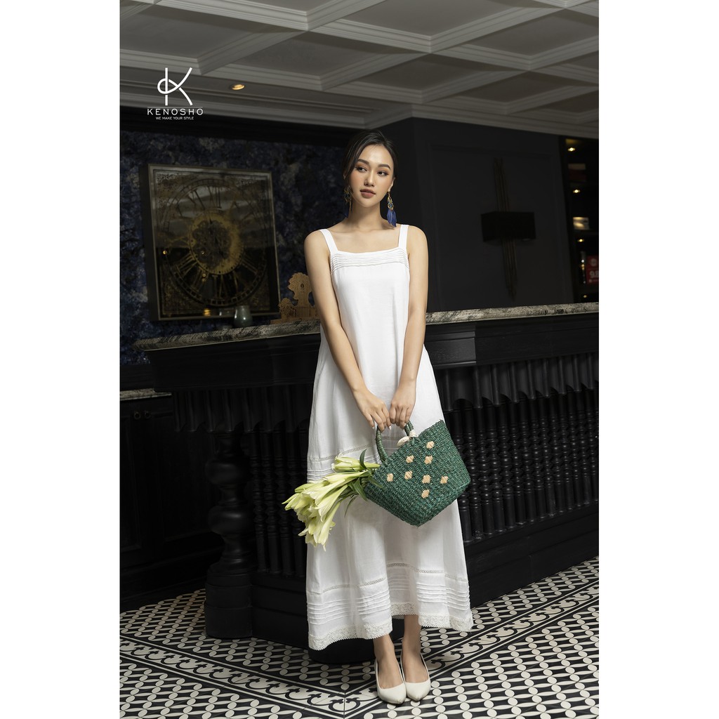 K137 Đầm maxi Premium Linen, xếp ly ngực và phần chân váy. Phối cùng ren cotton