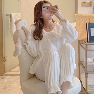 ▪✕Bộ đồ ngủ lông cừu san hô phụ nữ mùa đông ngọt ngào và dễ thương công chúa gió sang trọng quần áo ở nhà vũ dà