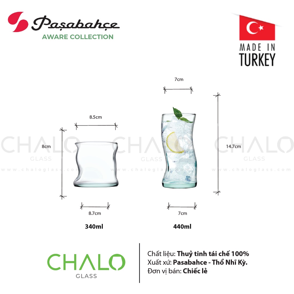 Ly thủy tinh tái chế uốn éo Pasabahce Amorf 340ml ~ 440ml | 420224 - 420928 [Chính hãng - Made in Turkey]