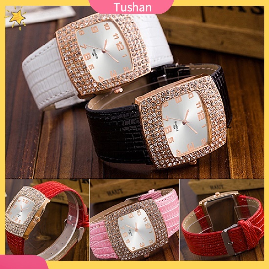 Đồng hồ mặt vuông đính đá phối dây đeo giả da cho nữ