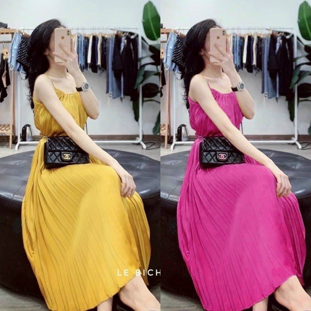 Đầm Xoè Hai Dây Dập Ly Maxi Dài - Bầu Bì Bon Chen Thoải Mái (Hàng Có Sẵn - Giá Gốc)