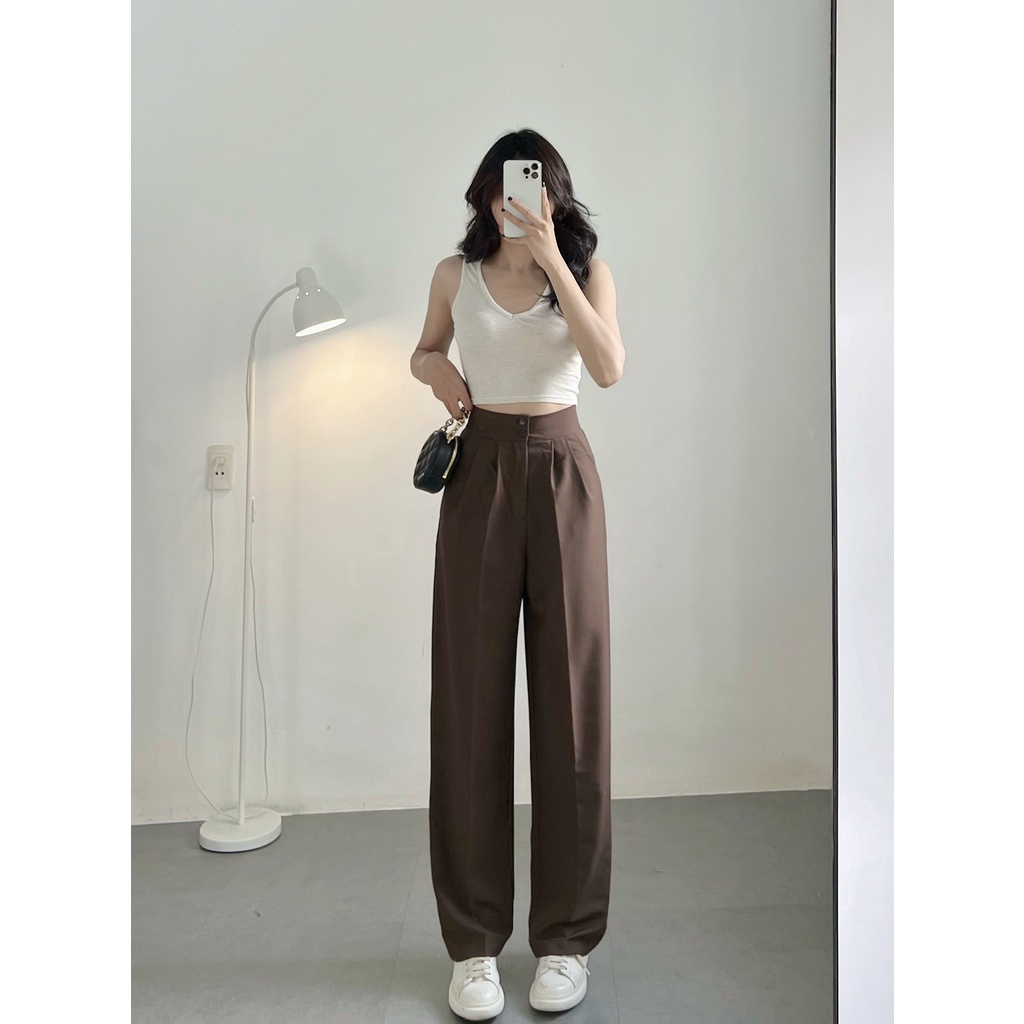 Quần Cotton nữ ống suông HHVINTAGE kiểu lưng cao 2 nút cotton Hàn co giãn A01