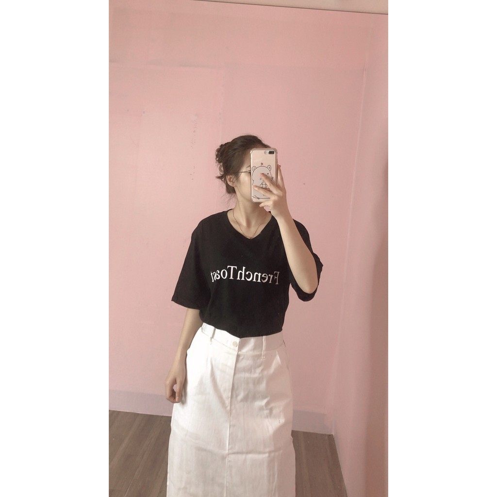 Set áo thun tay lỡ FRENCH kèm chân váy kaki dáng dài ulzzang | BigBuy360 - bigbuy360.vn