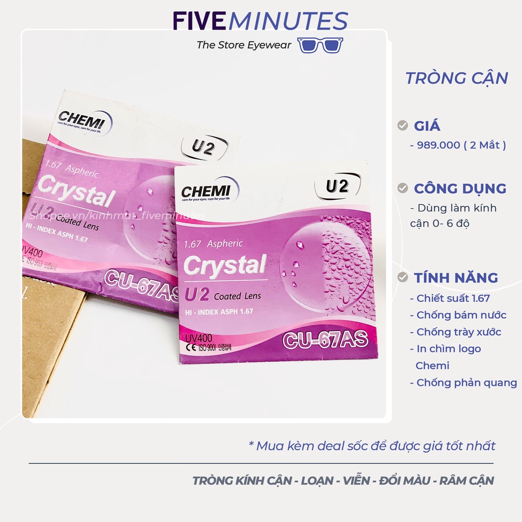 Tròng kính cận Chemi Hàn Quốc chống nước, chống bám bụi hiệu quả, siêu trơn ( 0 - 6 độ ) Chiết suất 1.67