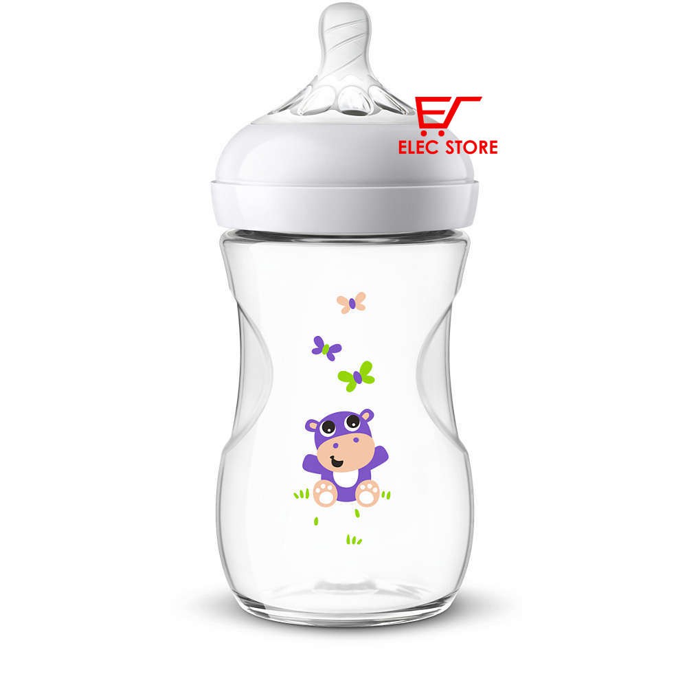 Bình sữa AVENT 260ml hoạ tiết Hà mã - Chim Hạc (Chọn núm)