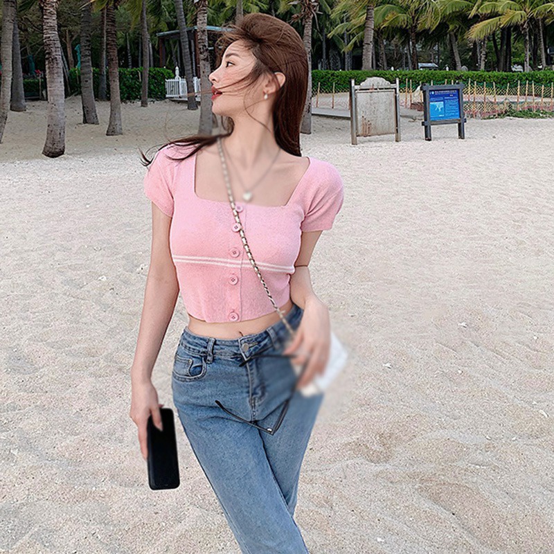 Áo Croptop Dệt Kim Tay Ngắn Cổ Vuông Họa Tiết Kẻ Sọc Thời Trang Mùa Hè Xinh Xắn Cho Nữ
