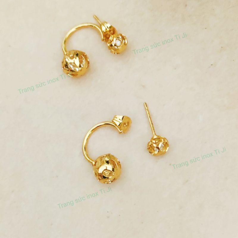 Bông tai inox xi vàng kiểu trái châu cánh cung, đẹp sang trọng