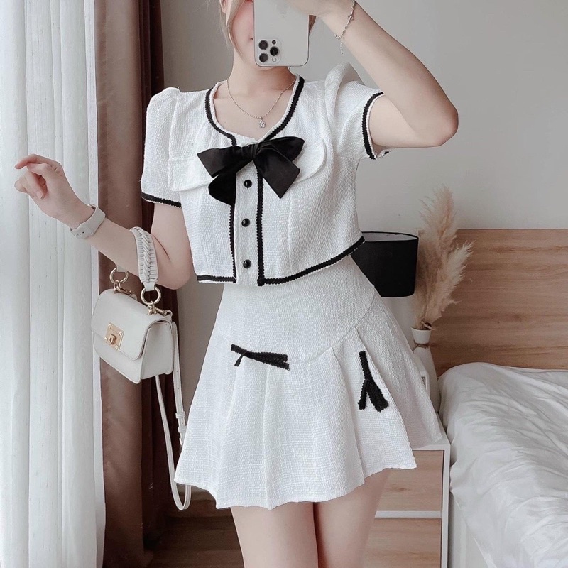 Sét Váy Dạ Xoè Trắng Nơ Xinh JARI-CLOTHES Tiểu Thư Đi Chơi Phong Cách Nhẹ Nhàng