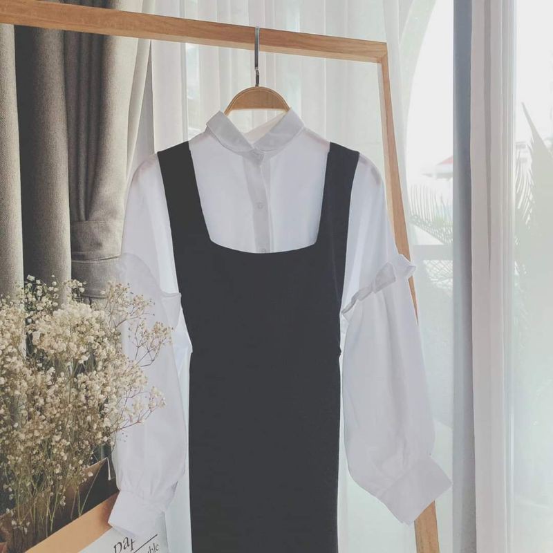 Sét Áo Sơ Mi Trắng  + Yếm Dài Restock Siêu Chất