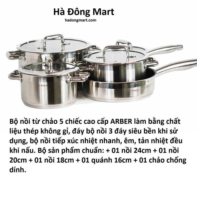 [CHÍNH HÃNG] Bộ nồi chảo chống dính Arber 5 chiếc  Đức (Hà Đông Mart)